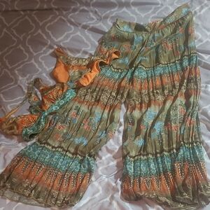 Bohemian Floral Wide-Leg Swimwear With Pants and Top Set